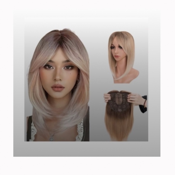 Hair Toppers with Bangs 6x6 Lace Base 14 inch Brown Mixed Blonde - Picture 3 of 5